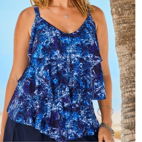 NWOT. SWIMSUITS FOR ALL LONGER-LENGTH TIERED-RUFFLE TANKINI TOP - Picture 1 of 9